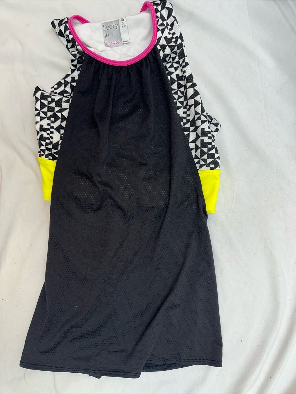 Lucky in Love Black Athletic Tank Top with Pink Neckline & Neon Yellow Accent S